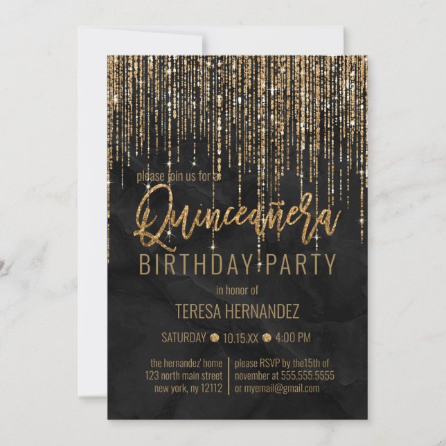 Luxury Black Gold Glitter Pearl Marble Quinceañera Invitation (Front)