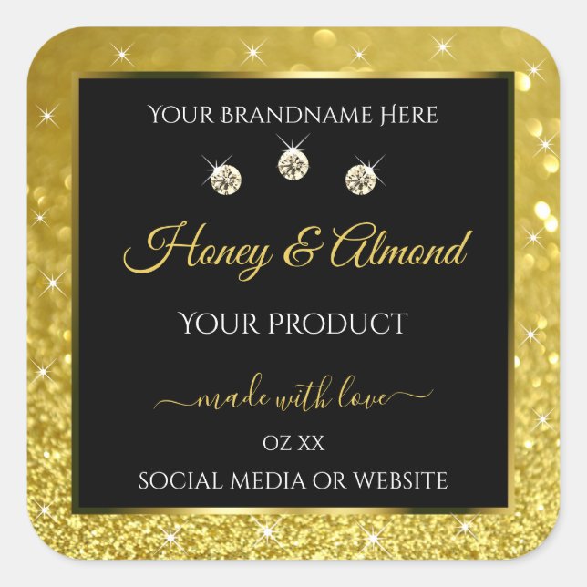 Luxury Black Gold Glitter Product Labels Diamonds (Front)