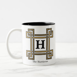 Luxury Black Gold Greek Key Family Est Monogram Two-Tone Coffee Mug