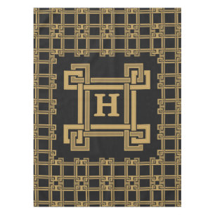 Luxury Black Gold Greek Key Monogram Tablecloth