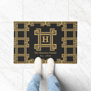 Luxury Black Gold Greek Key Monogrammed Doormat