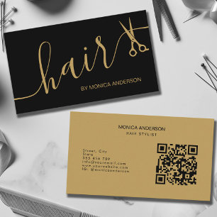 Luxury Black Gold Hair Script Scissors QR Code Business Card