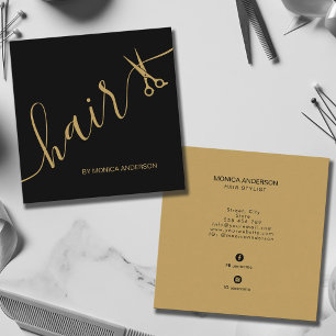 Luxury Black Gold Hair Script Stylist Scissors Square Business Card
