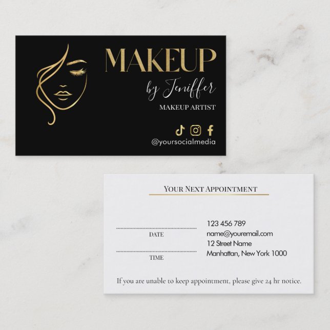 Luxury Black & Gold Makeup Appointment Card (Front/Back)