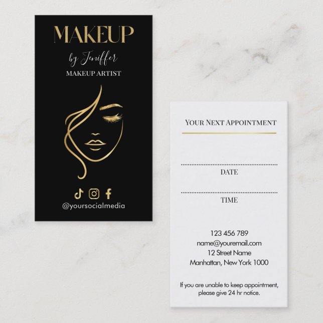 Luxury Black & Gold Makeup Appointment Card (Front/Back)