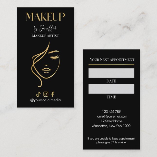 Luxury Black & Gold Makeup Appointment Card (Front/Back)