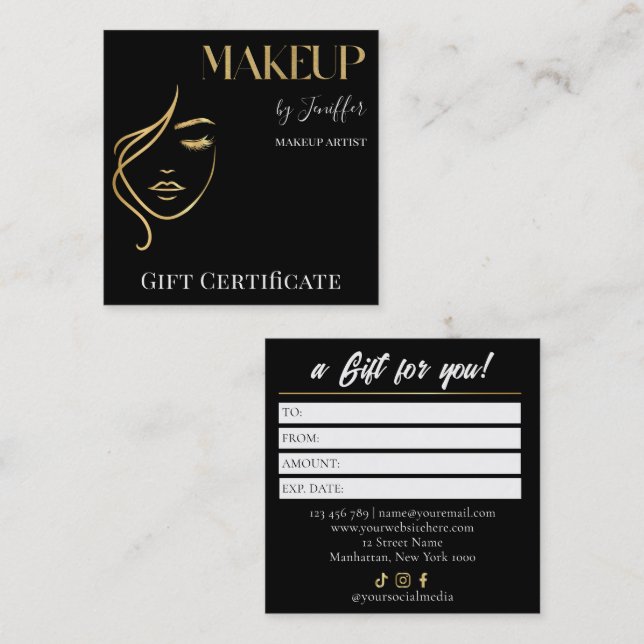 Luxury Black & Gold Makeup Gift Certificate Card (Front/Back)