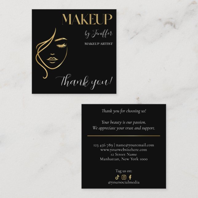 Luxury Black & Gold Makeup Thank you Card (Front/Back)
