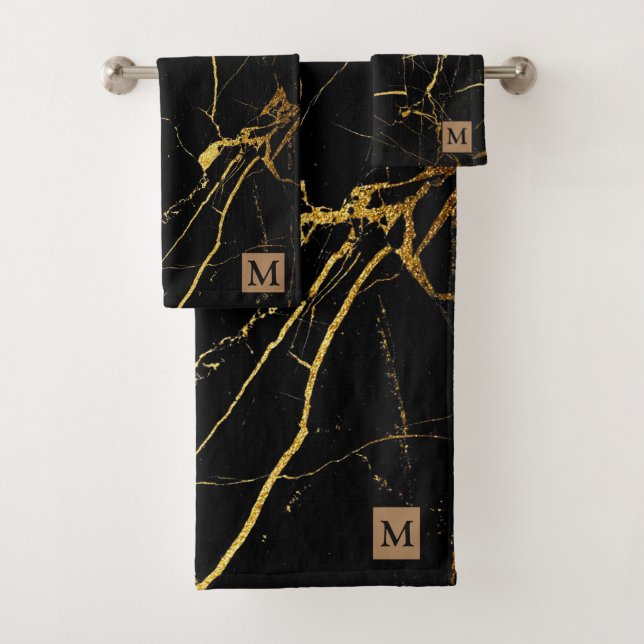 Luxury Black Gold Marble Monogrammed Bath Towel Set (Insitu)