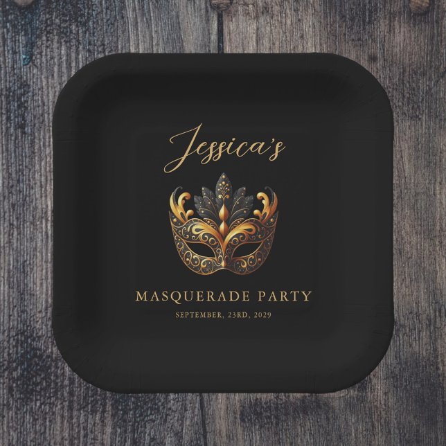 Luxury Black Gold Mask Theme Party Paper Plate (Creator Uploaded)