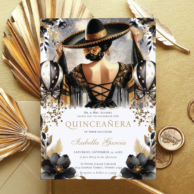 Luxury Black Gold Mexican Style Quinceañera Invitation (Creator Uploaded)