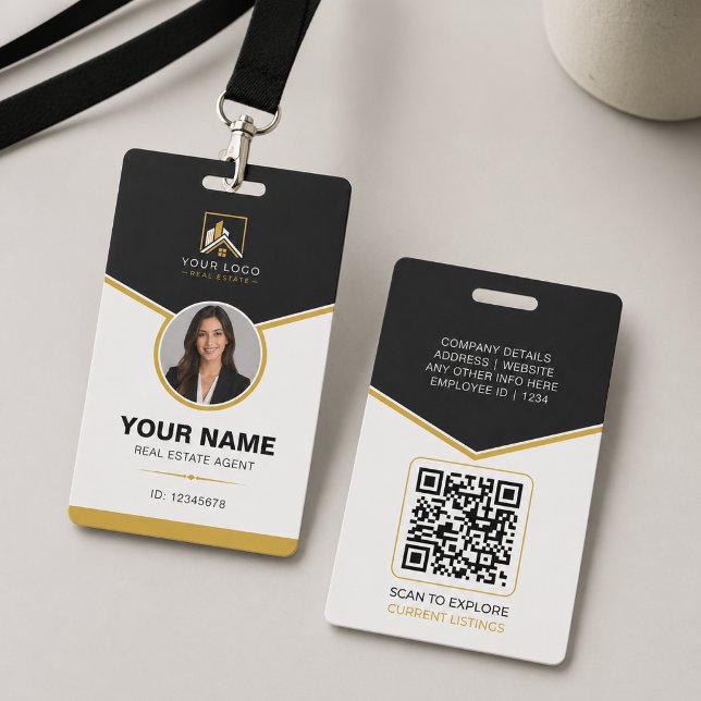 Luxury Black Gold Modern Real Estate QR Code ID Badge (Luxury Real Estate ID Badge with QR Code | Realtor Branding)