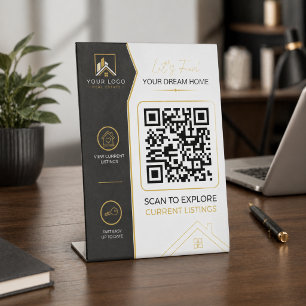 Luxury Black Gold Modern Real Estate QR Code Pedestal Sign