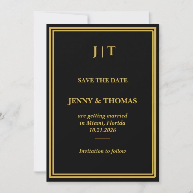Luxury Black & Gold Monogram Save the Date Card  (Front)