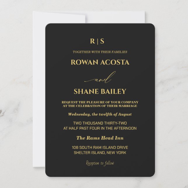 Luxury Black & Gold monogram Wedding Invitation (Front)