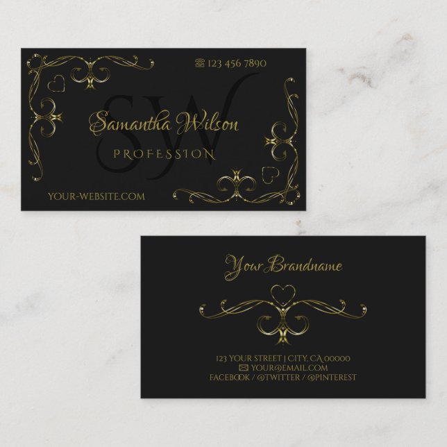 Luxury Black Gold Ornate Corner Borders Initials Business Card (Front/Back)