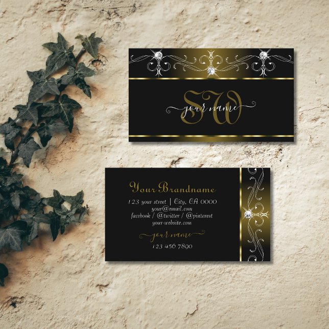Luxury Black Gold Ornate Sparkle Jewels Initials Business Card (Creator Uploaded)