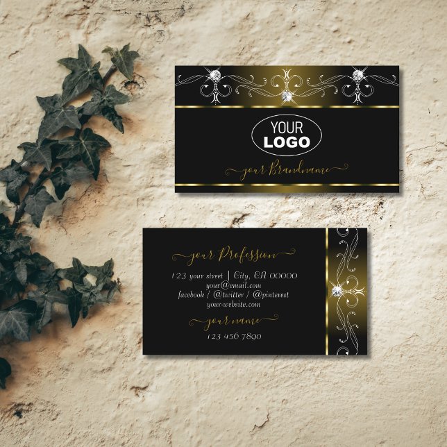 Luxury Black Gold Ornate Sparkle Jewels with Logo Business Card (Creator Uploaded)
