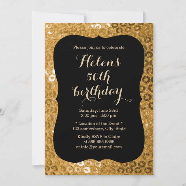 Luxury Black & Gold Paillettes Birthday Party Invitation (Front)