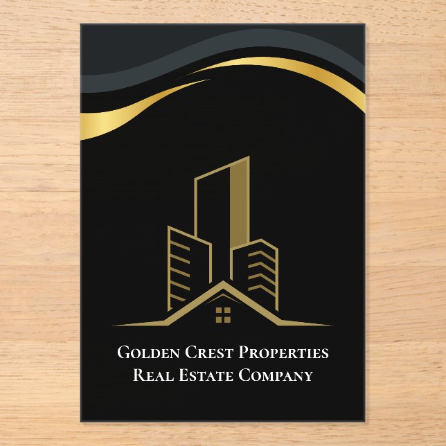Luxury Black & Gold Personalised Real Estate Acrylic Invitations (Front)