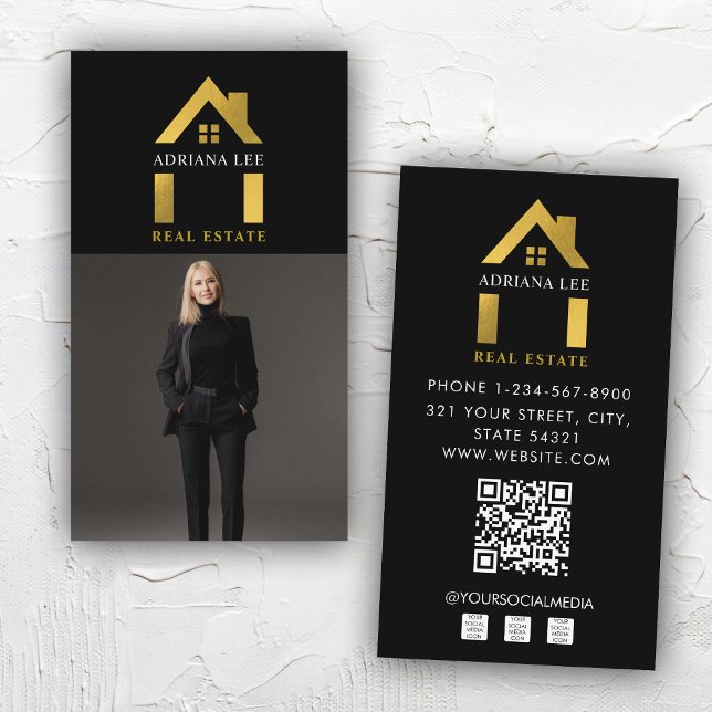 Luxury Black Gold Photo Real Estate Agent QR Code Business Card (Luxury Black Gold Photo Real Estate Agent QR Code Business Card)