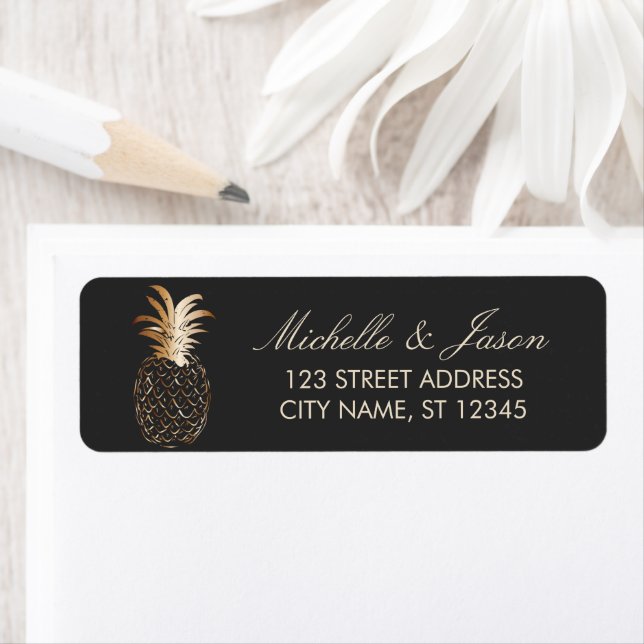 luxury Black Gold Pineapple Wedding Return Address Label (Insitu)