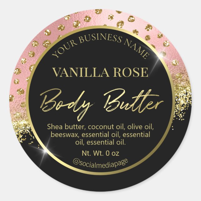 Luxury Black Gold Pink Confetti Body Butter Labels (Front)
