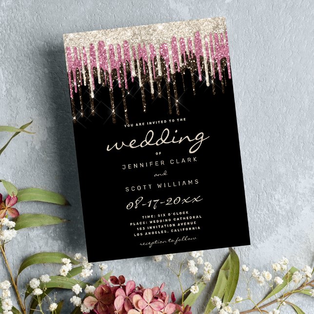 Luxury black gold pink glam glitter drips wedding  invitation (Luxury black gold pink glam glitter drips wedding )