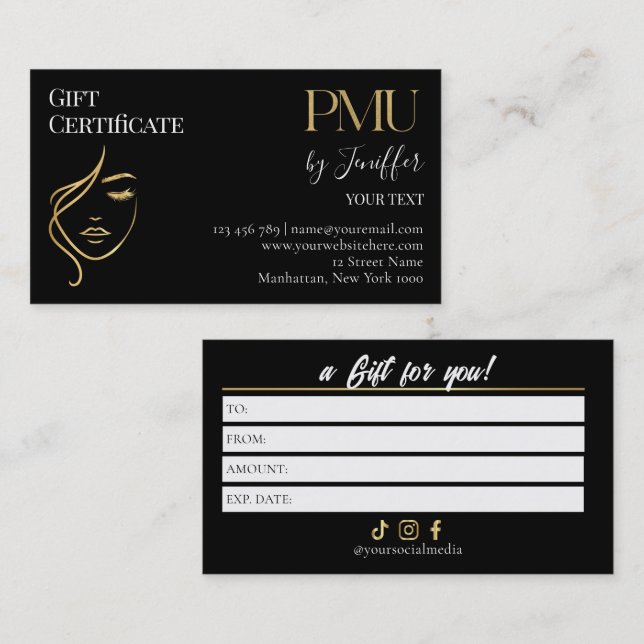 Luxury Black & Gold PMU Gift Certificate Card (Front/Back)