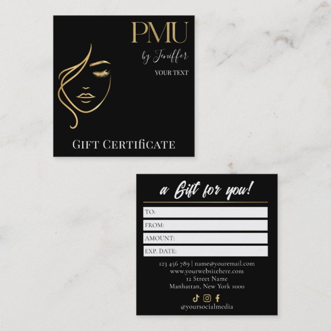 Luxury Black & Gold PMU Gift Certificate Card (Front/Back)
