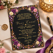 Luxury Black Gold Purple Floral Invitation