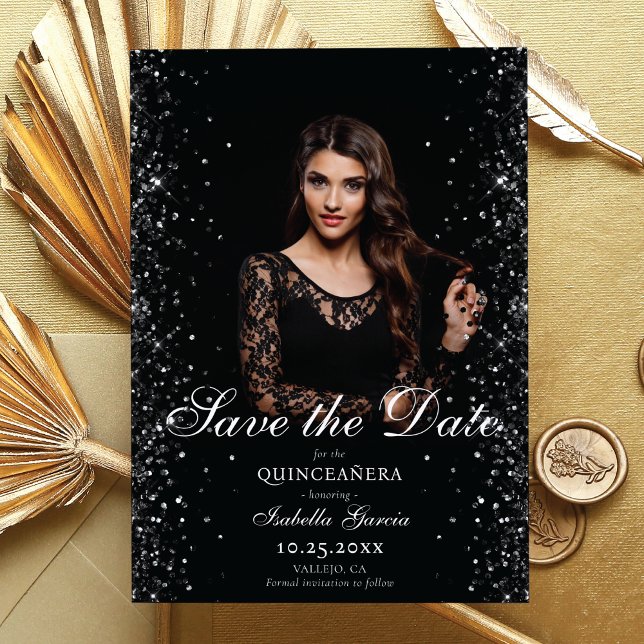 Luxury Black Gold Quinceañera Photo Save the date Announcement (Creator Uploaded)