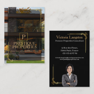 Luxury Black Gold Real Estate Photo Monogram Business Card