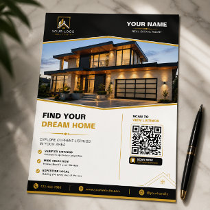 Luxury Black Gold Real Estate QR Design Flyer