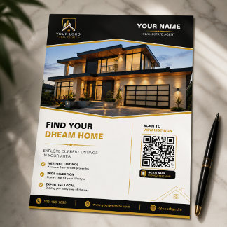 Luxury Black Gold Real Estate QR Design Flyer