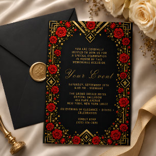 Luxury Black Gold Red Rose Invitation