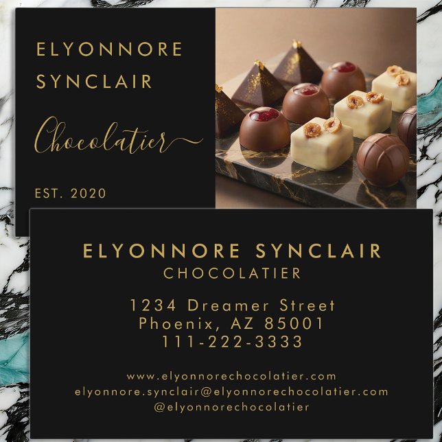 Luxury Black Gold Script Chocolatier Photo Business Card (Creator Uploaded)