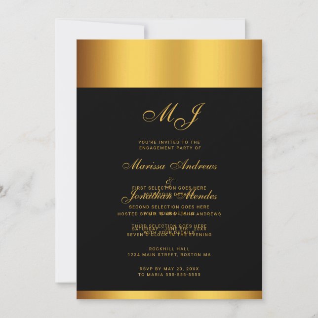 Luxury Black Gold Script Monogram Engagement Party Invitation (Front)