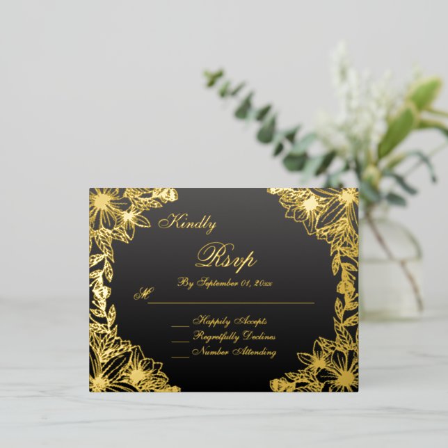 Luxury Black Gold Script Wedding RSVP Card (Standing Front)