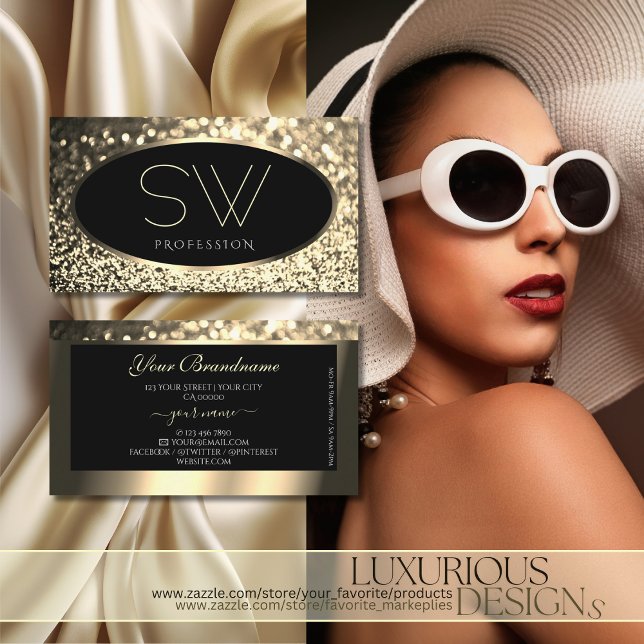 Luxury Black Gold Sparkling Glitter with Monogram Business Card (Creator Uploaded)