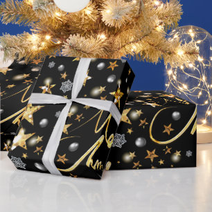 Luxury Black & Gold Stars Metallic Fashion Xmas Wrapping Paper