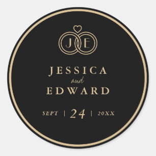 Luxury Black Gold Tied Rings Monogram Wedding Classic Round Sticker