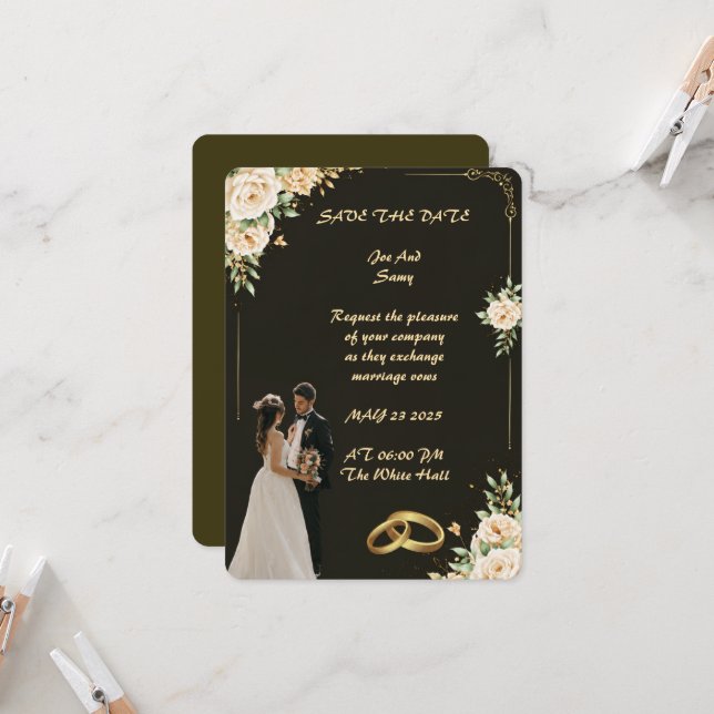Luxury Black & Gold Wedding Invitation (Front/Back In Situ)