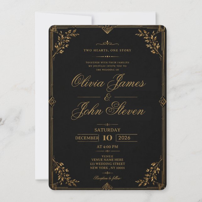 Luxury Black & Gold  Wedding Invitation (Front)