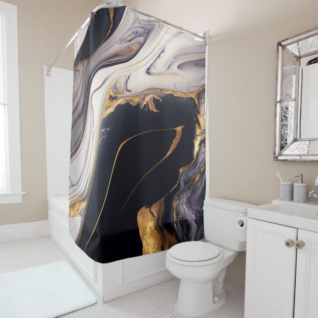 Luxury Black Gold White Abstract Marble Shower Curtain (In Situ)