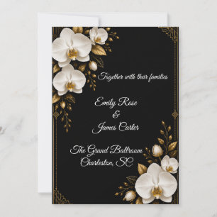 Luxury Black Gold & White Orchid Wedding Invitatio Invitation