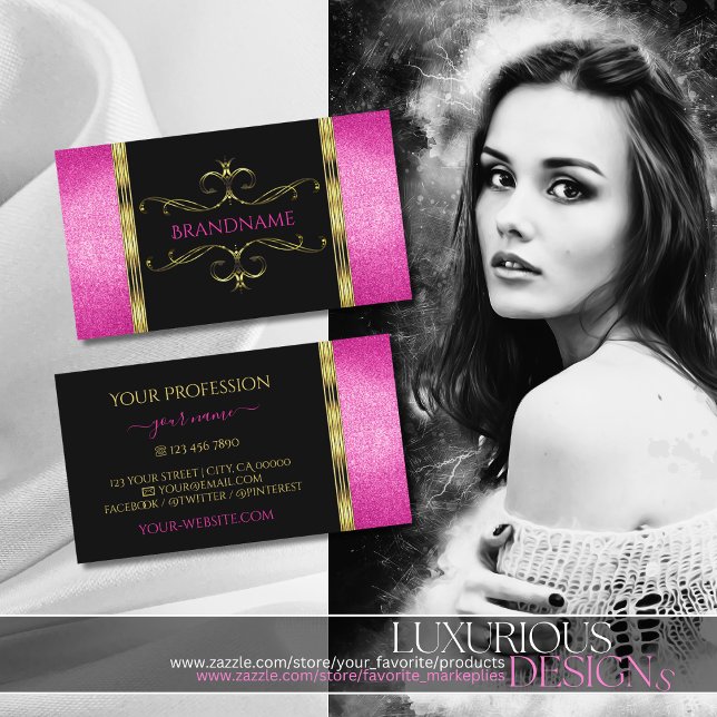 Luxury Black Gold with Pink Glitter Modern Royal Business Card (Creator Uploaded)