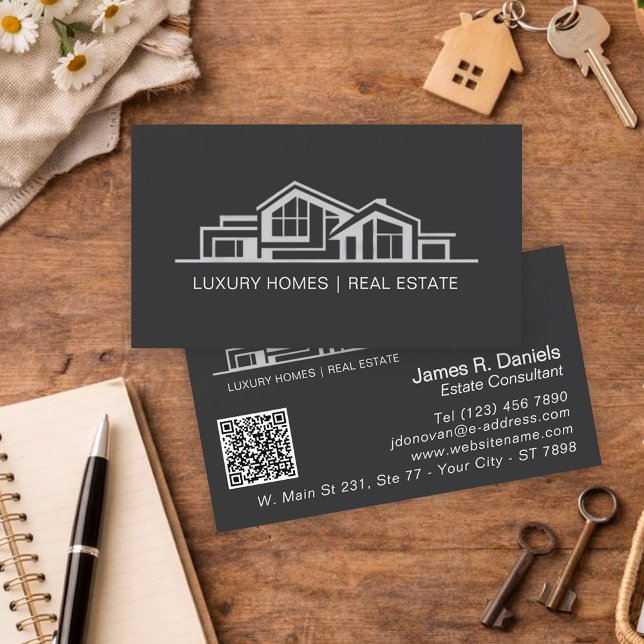 Luxury Black Gray Real Estate Chic Professional Business Card (Creator Uploaded)