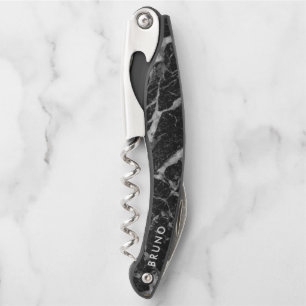 Luxury Black & Grey Faux Marble Monogram Corkscrew