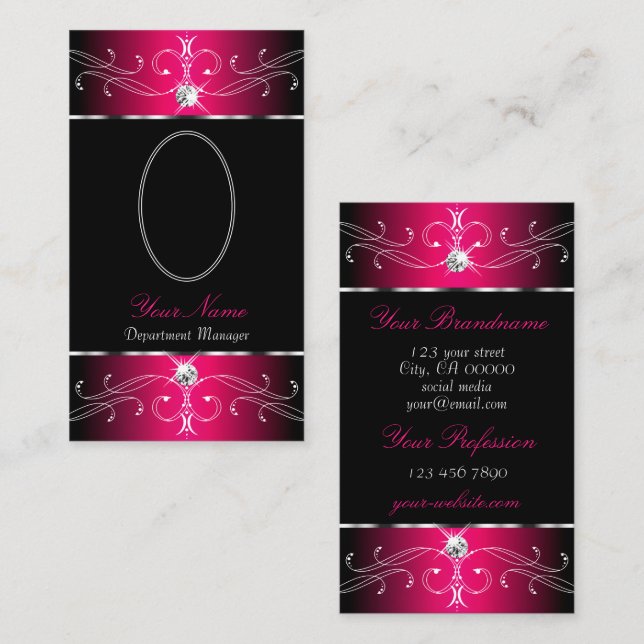 Luxury Black Hot Pink Ornate Ornaments with Photo Business Card (Front/Back)